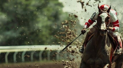 Fototapeta premium A jockey rides in a race on a graceful brown horse with flowing mane and tail through a racetrack that is soaked in the rain