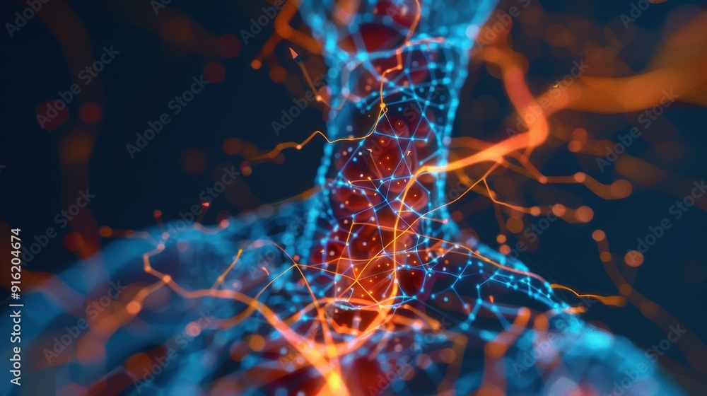 Poster abstract image of human neural network highlighting synapses and neurons with vibrant colors represe