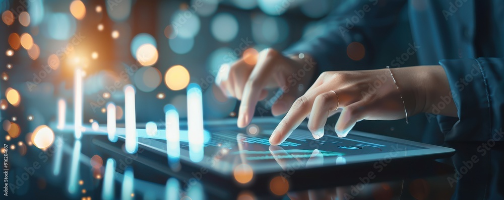 Poster close-up of hands using a tablet device with glowing data visualizations, symbolizing technology and
