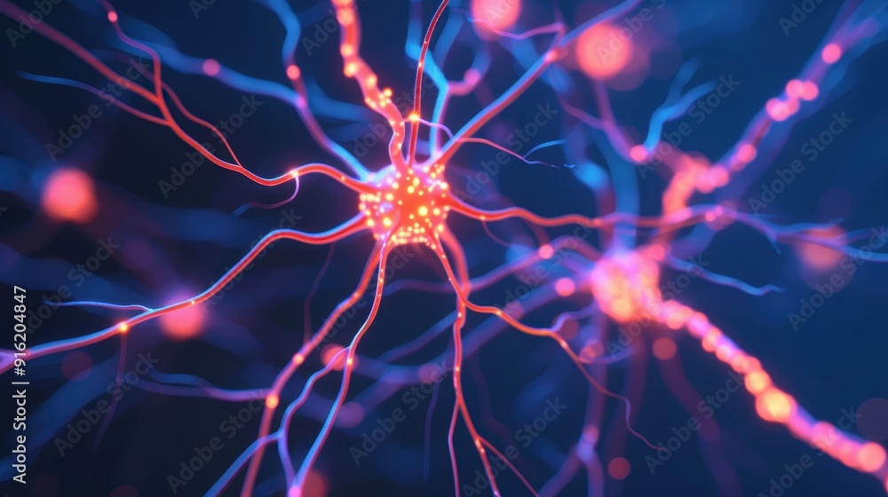 Poster close-up image of glowing neural connections, showcasing the intricate network and the vibrant natur