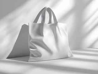 White tote bag mockup lying flat on a plain white surface with soft shadows