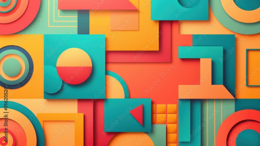 Poster colorful 3d geometric shapes and abstract patterns form a dynamic, vibrant background with a modern 