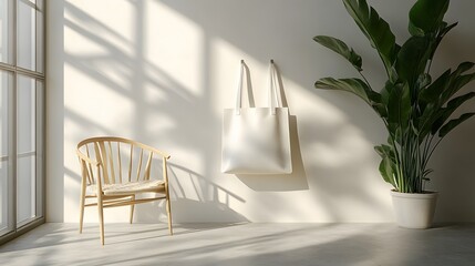 White tote bag mockup displayed hanging from a simple chair in a minimalist room