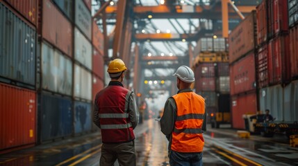 Dock workers inspecting shipping containers in a busy port during the day