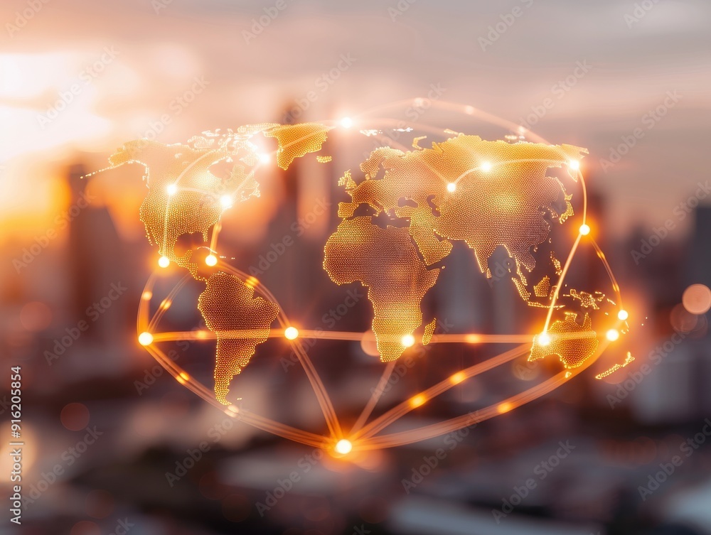 Poster Illustration of a connected world map with glowing lines representing digital connectivity and global communication.