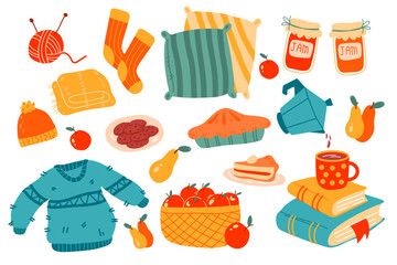 Autumn  collection, vector illustrations set in flat cartoon style. Cozy mugs, cup, hot beverages, seasonal warm drinks, warm sweater, jam, cookies, pumpkin pie, hat, pillow, socks. S