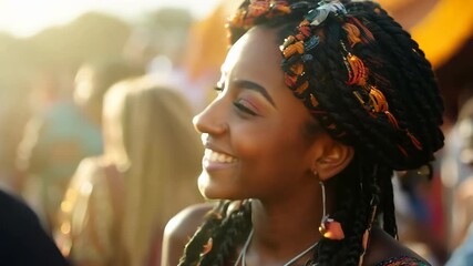 pretty African girl wearing braid hairstyle at summer night party,