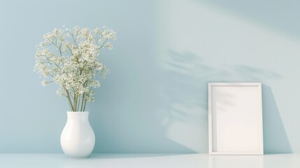 Minimalist decor featuring a vase of flowers and a blank frame against a soft blue wall, ideal for home or office styling.