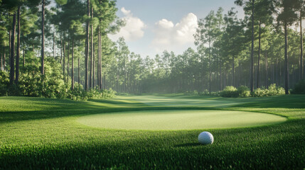 Fototapeta premium The golf ball is on a green lawn in a beautiful golf course