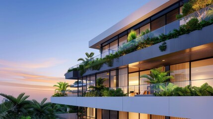 Fototapeta premium Modern architectural design featuring elegant balconies adorned with lush greenery at sunset.