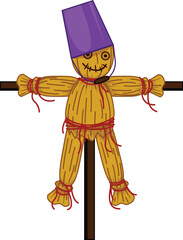 Smiling scarecrow wearing a purple bucket hat, standing with open arms on a wooden cross