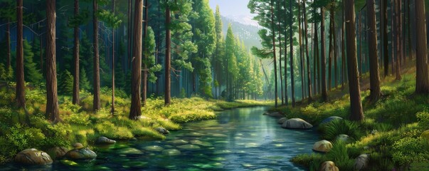 Peaceful forest scene with lush greenery, a serene river, and sunlight filtering through tall trees, perfect for nature lovers.