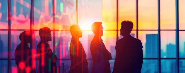 Silhouettes of professionals discussing ideas against a vibrant sunset backdrop, symbolizing teamwork and collaboration.