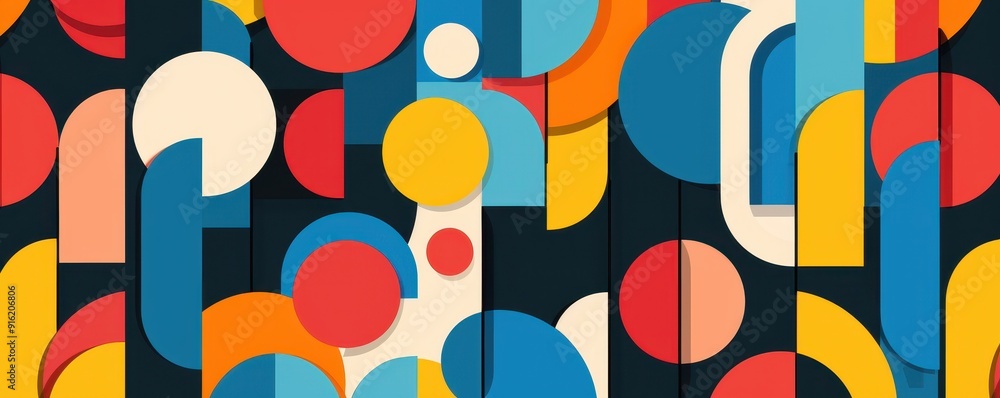 Poster vibrant abstract geometric shapes in various colors and sizes on a dark background, creating a dynam