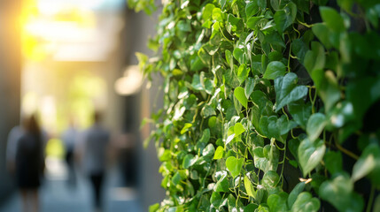 Lush green plants and vines growing on the wall of an office building