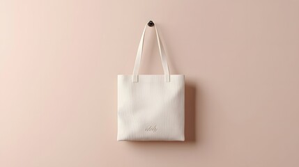 White tote bag mockup hanging from a simple hook, with a clean, neutral background