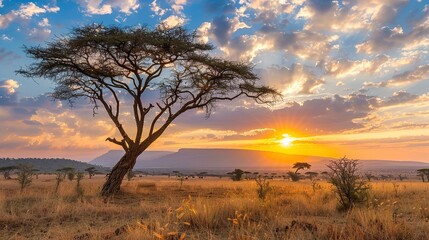 African savanna landscape with a lone acacia tree silhouetted against a stunning sunset sky.