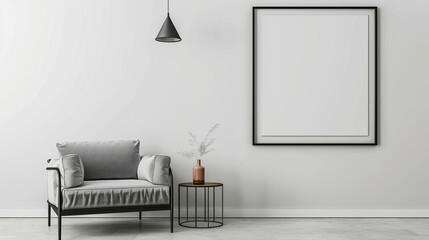 Blank picture frame mockup on white wall with chair and lamp. White interior living room design, view of modern style interior with artwork mock-up, Template for painting or poster