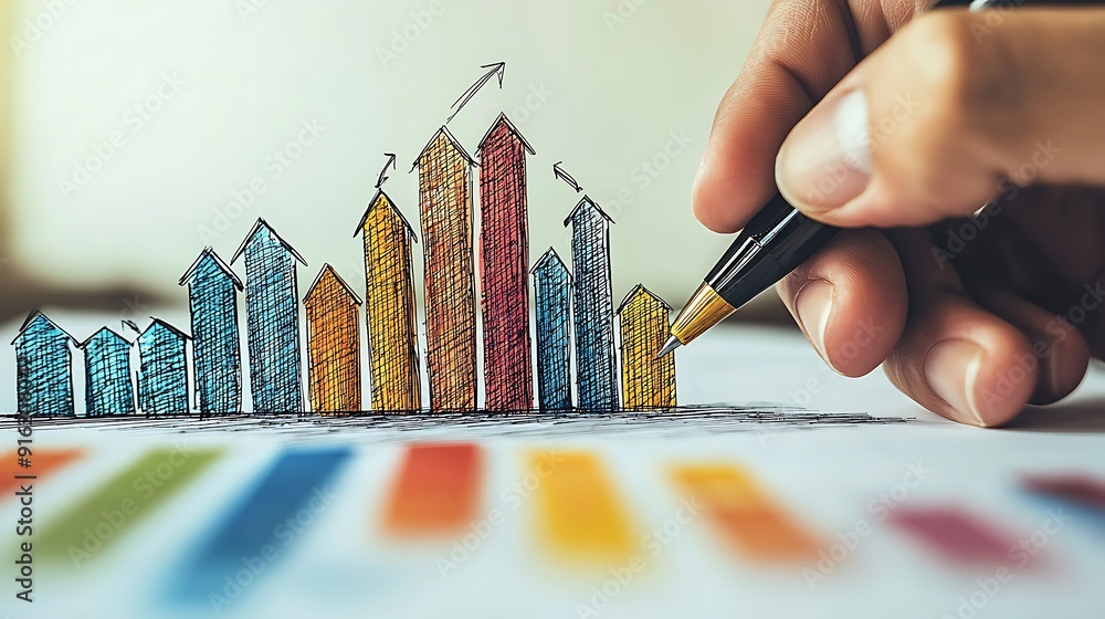 Poster hand-drawn business graph on paper, a visual representation of financial data for planning and decis