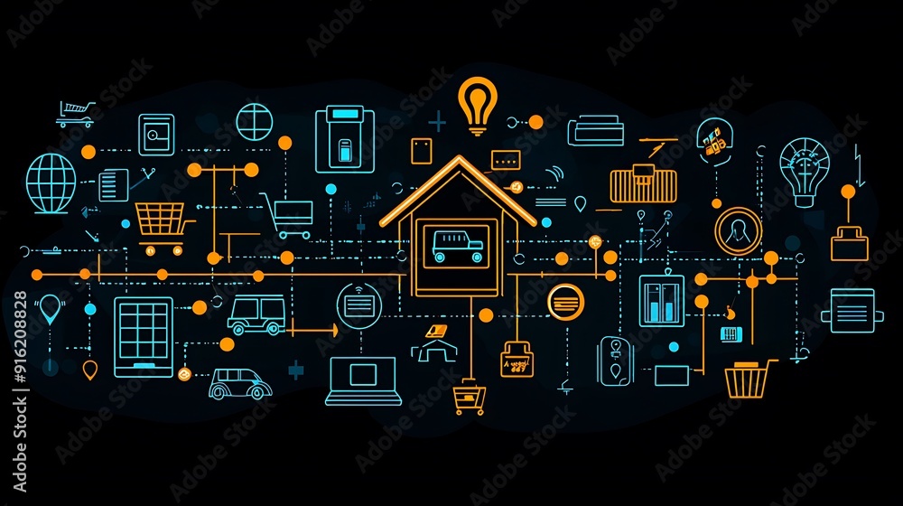 Poster minimalistic flat vector icon of a house with a network connection symbol, perfect for business and 