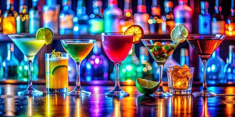 Colorful cocktails glowing under neon lights on a bar counter at night , cocktails, glass, bar, counter, neon lights