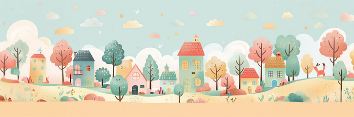 A whimsical illustration of colorful houses and trees in a serene landscape.