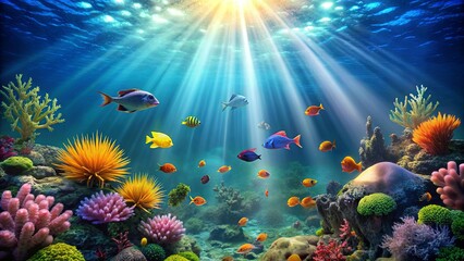 Naklejka premium Sunbeams shining through the deep sea background with underwater plants and colorful fish, sunbeams, sea, ocean, underwater