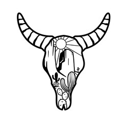 Cow Skull Desert | Desert on Cow Head | Hot Desert | Desert | Mountain Scene | Desert Scene | Cow Head | Cow & Desert Scene | Original Illustration | Vector and Clipart | Cutfile and Stencil