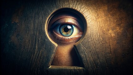 Close-up of a keyhole with an eye peeking through, surrounded by shadows and mystery, mystery, secret, eerie, spying