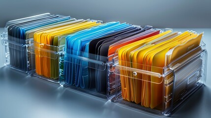 Panoramic view of sophisticated folder organizer with neatly aligned folders, clear labels, and compartments on pristine white background. Functionality and aesthetic appeal concept