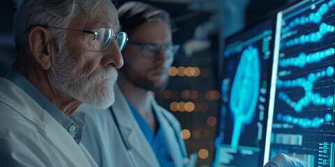 Senior scientists analyzing brain scans and DNA data on futuristic screens in a cutting-edge research facility, focusing on neurogenetics