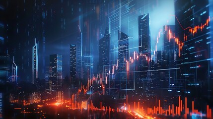 Fototapeta premium City Skyline with Overlaid Financial Charts and Data