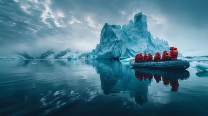 Tourists in a boat exploring an iceberg landscape in the Arctic