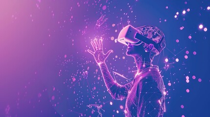 Futuristic technology scene while wearing virtual reality glasses is waving his hand, surrounded by glowing blue and purple lines with dots connected to them in the air