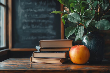 School desk with books and a blackboard in the background, symbolizing Knowledge Day and the beginning of the academic year.
