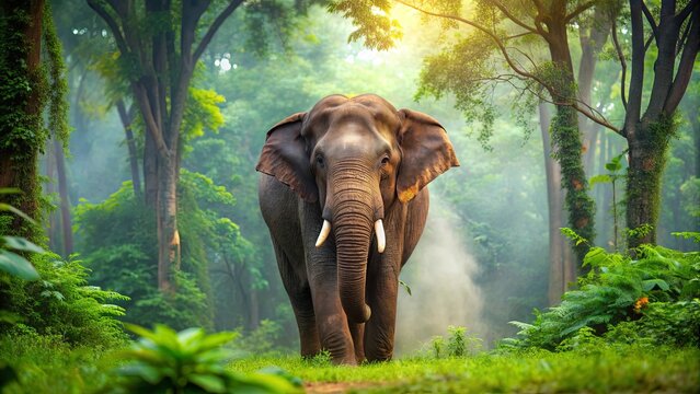 Majestic Indian elephant standing in a lush green forest , Wildlife, Endangered, Trunk, Tusks, Herbivore, Mammal
