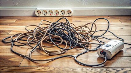 Messy power extension cord on apartment floor with tangled cables and dirty outlet, chaotic, disorganized, cluttered
