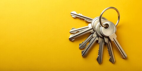 Big bunch of keys on a key chain over bright yellow background, Estate, concept, key ring, keys, rendering, security