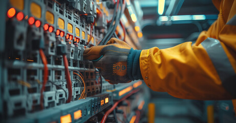 A worker in gloves adjusts electrical components in a control panel.