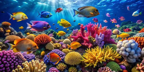 Vibrant coral reef with a variety of colorful fish swimming among the coral, coral reef, underwater, ocean, marine life © Kukar Studio