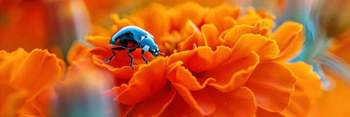 Macro Photography of a Black and White Beetle on an Orange Flower