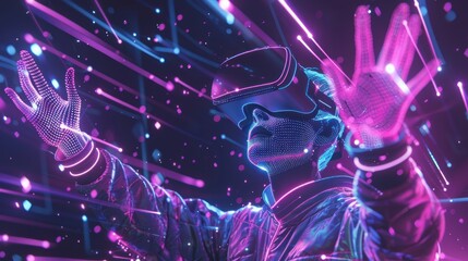 Futuristic technology scene while wearing virtual reality glasses is waving his hand, surrounded by glowing blue and purple lines with dots connected to them in the air