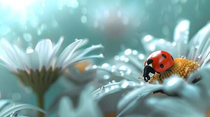 Naklejka premium Ladybug on a Daisy with Dew Drops - 3D Illustration