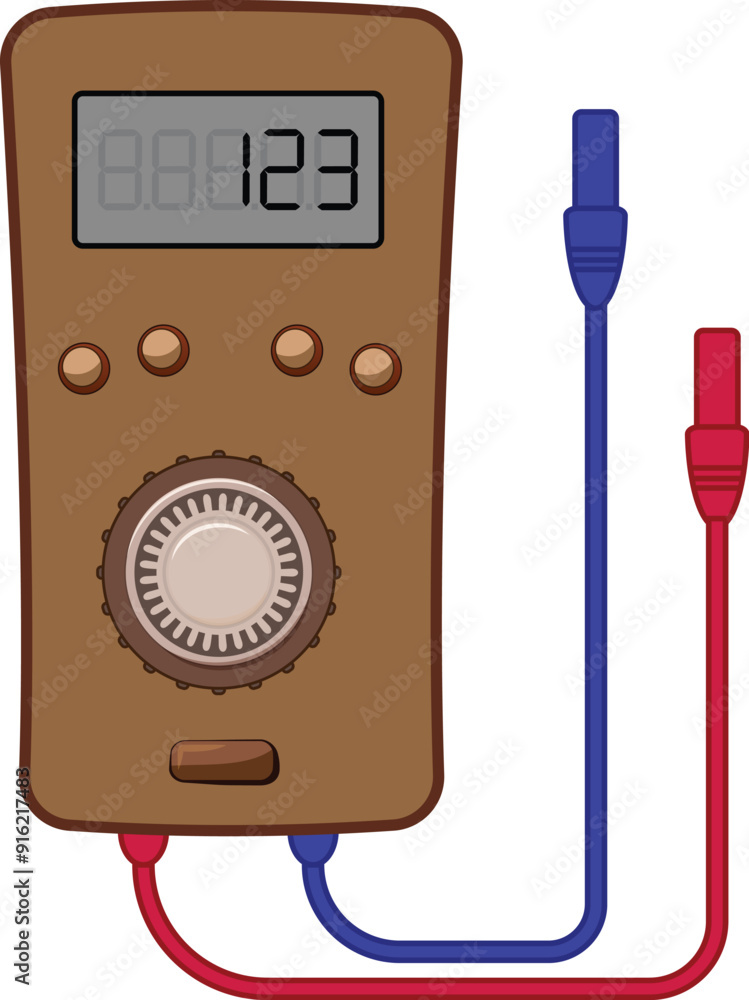 Poster electronic measuring device with analog dial and digital display showing random numbers is connected