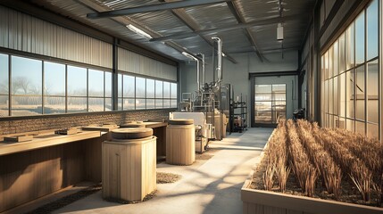 Industrial Interior with Wooden Barrels and Wheat Field