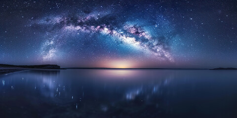 Obraz premium Milky Way Galaxy Over Calm Water at Night.