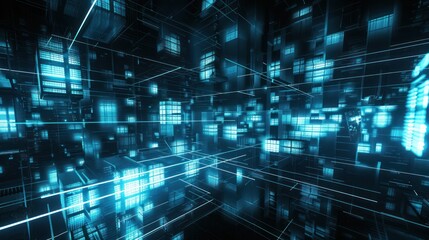 Abstract Digital Cityscape with Glowing Lines and Structures