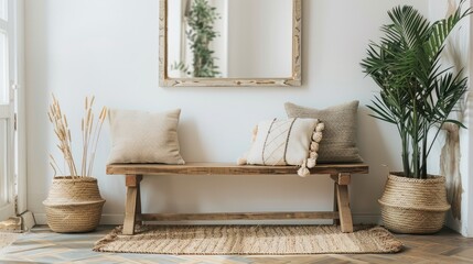Modern apartment hallway: woven basket and pillows on wooden bench under mirror. Stylish minimal decor