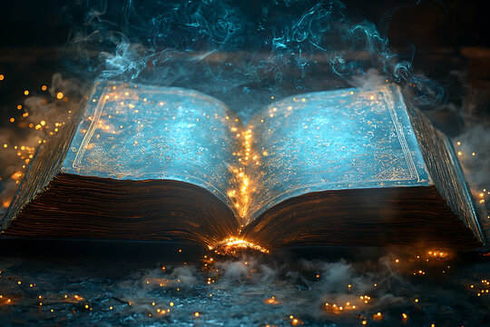   an opened magic book with glowing lights and mystical effects, evoking a sense of enchantment and fantasy.
