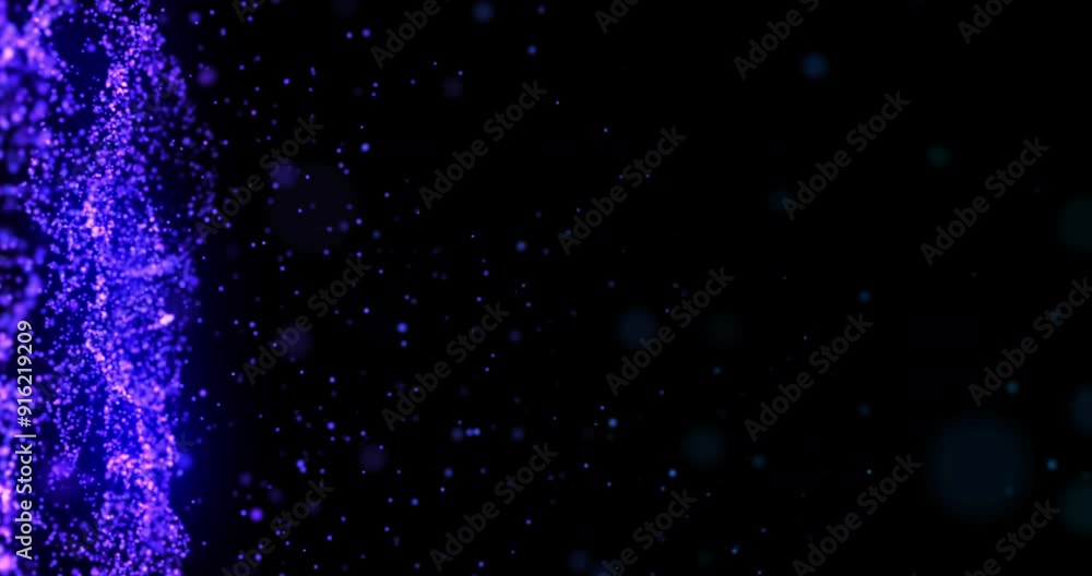 Poster Big data, graphic and space with purple particles on black background for communication. Animation, digital stream and future with cloud computing or information technology flow in dark cyberspace